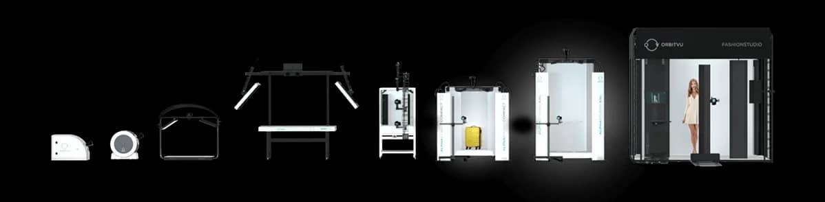 Gama de estudios Orbitvu para fotografía de producto automatizada, desde platos compactos hasta el Fashion Studio completo